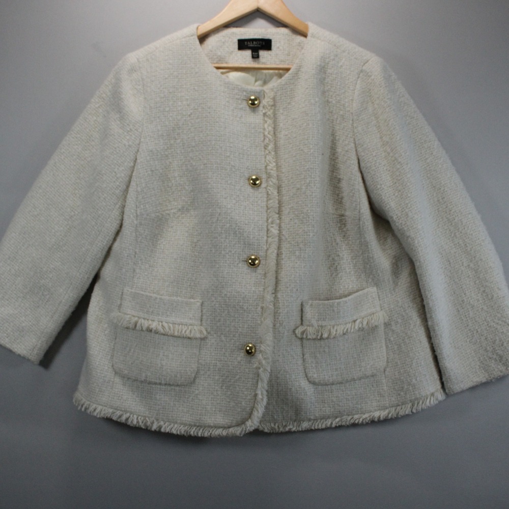 Talbots Ivory Retro Cross Knit Wool Blend Fringe Trim Jacket Cream 16WP